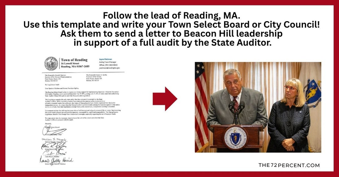 #1 - Write Your Town Select Board! Ask them to send a letter to legislative leadership in support of a full audit by the State Auditor.