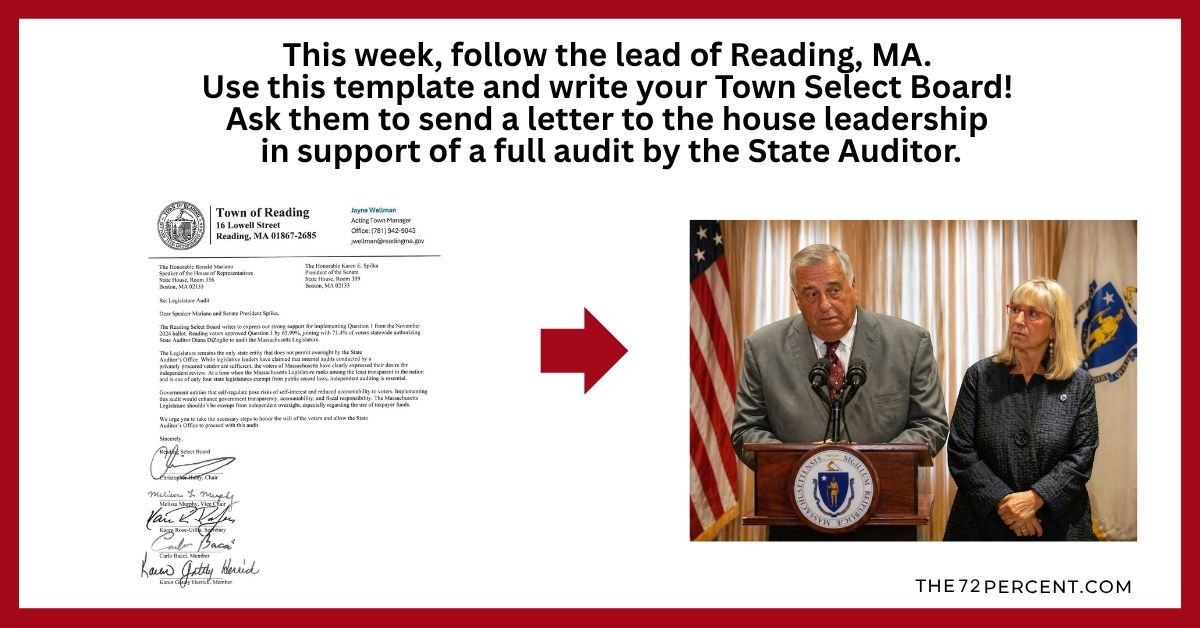 Week #1 - Write Your Town Select Board! Ask them to send a letter to the legislature in support of a full audit by the State Auditor.